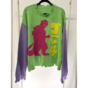Teddy Fresh Godzilla Distressed Colorblock Knit Sweater Green Purple XL